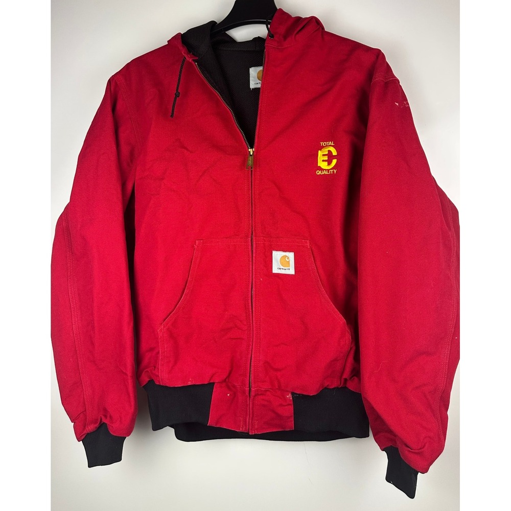 Carhartt Distressed Red Lined Hooded Jacket USA Coat *Company Logo XL Tall - Picture 2 of 15